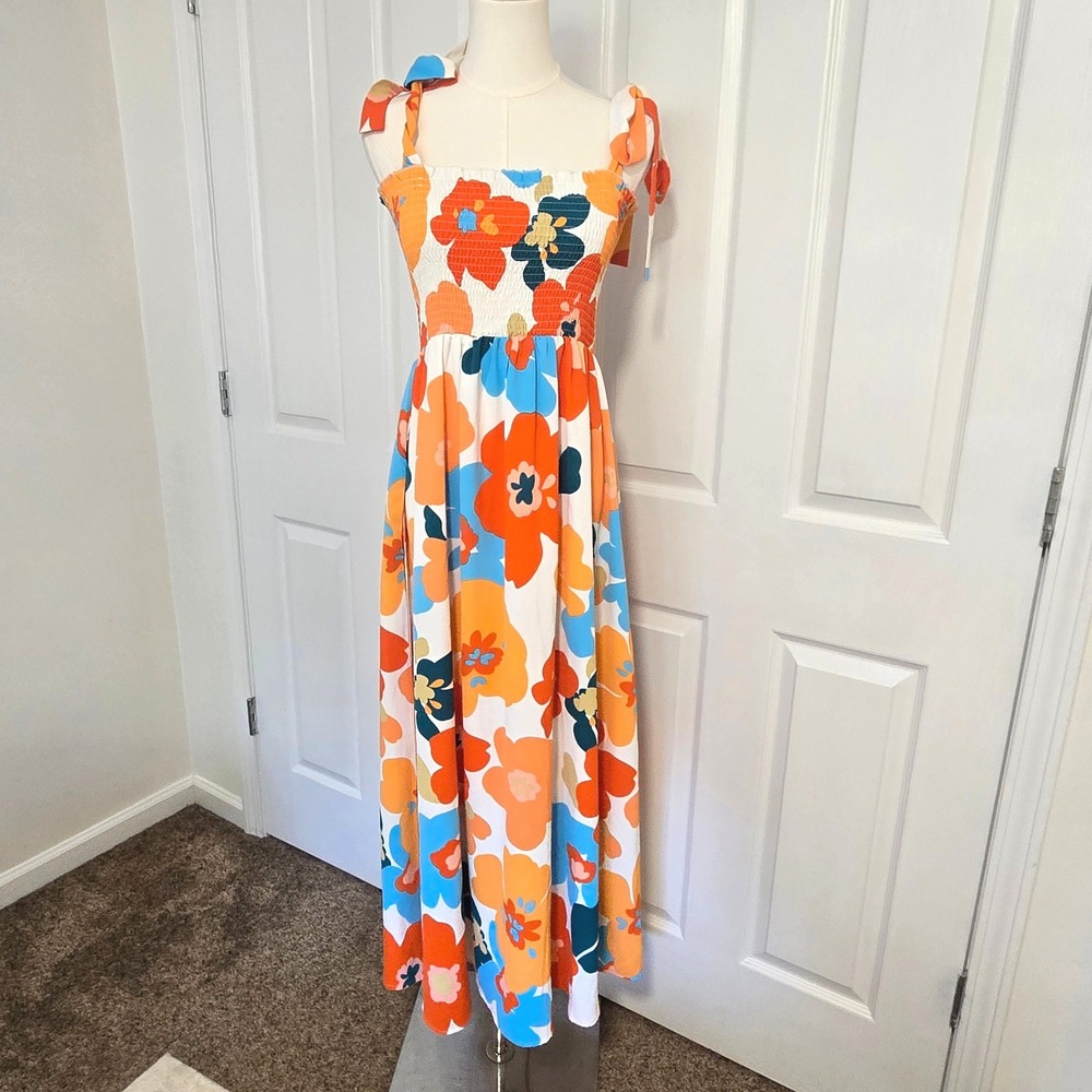 Floral Maxi Dress Womens Medium Orange Blue Smocked Tie Strap Retro Boho 52in